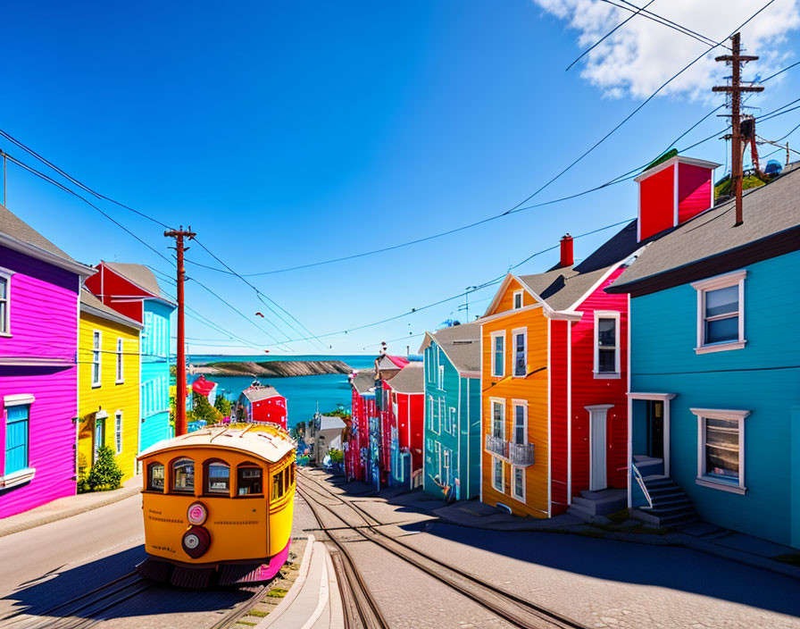 Vibrant Street with Colorful Houses and Vintage Tram