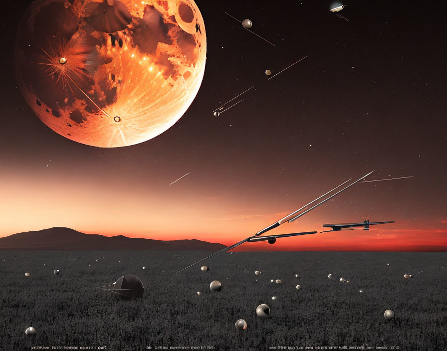 Sci-fi scene: damaged moon, spacecraft, metallic orbs, gliders, crashed capsule