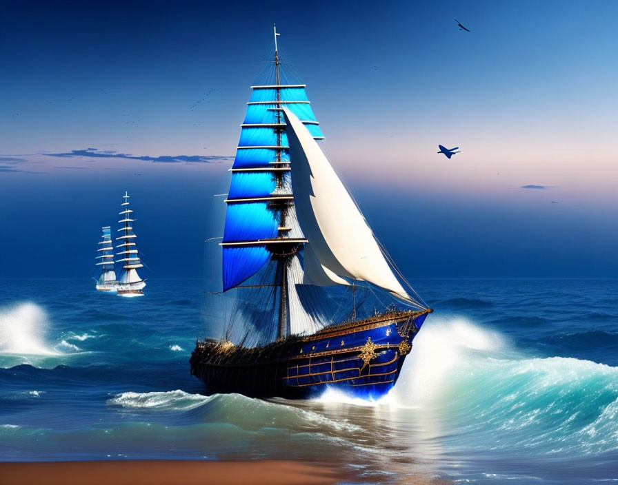 Sailing ships with blue sails on vivid ocean under twilight sky