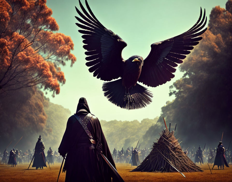 Cloaked figure confronts army with black bird in mystical forest.