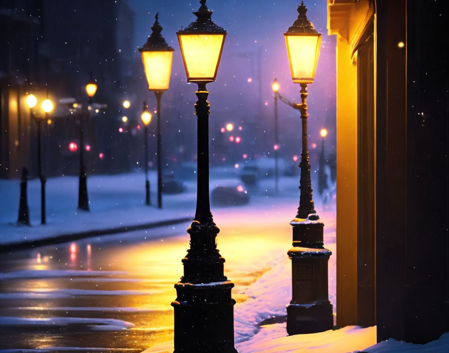Snowy Night Path Illuminated by Glowing Street Lamps
