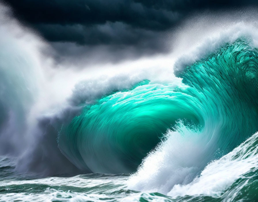 Dramatic Turquoise Wave Under Stormy Sky