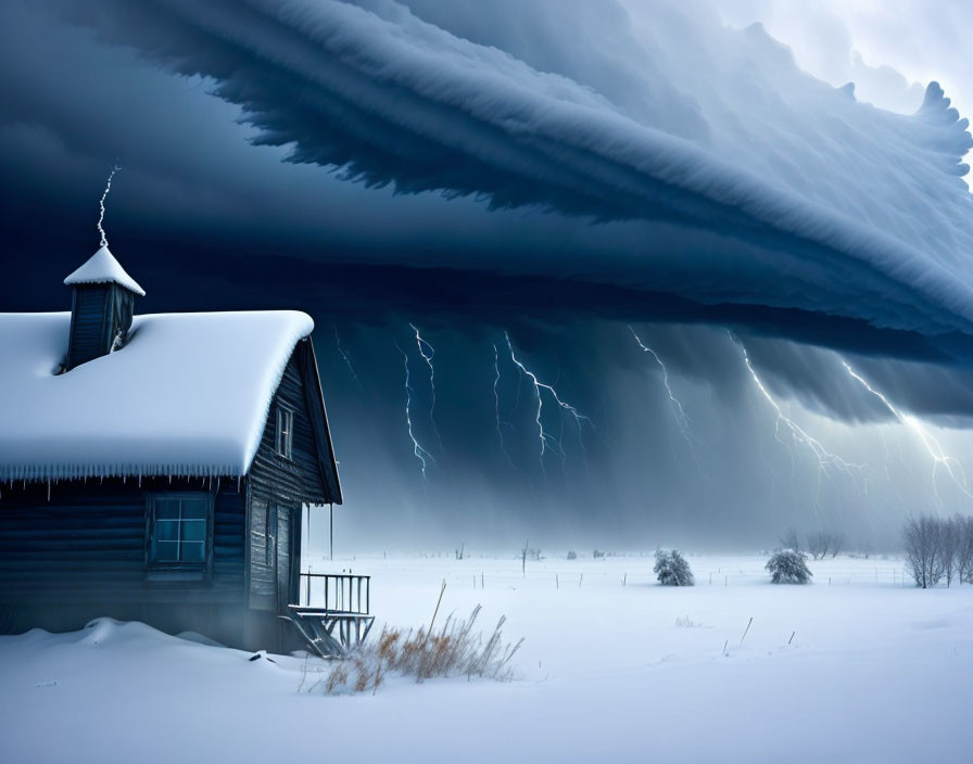 Wooden Cabin in Snowy Landscape Under Stormy Sky with Lightning Strikes