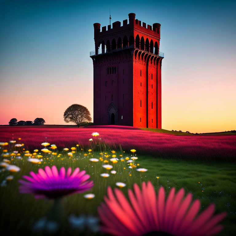 Vivid image of tall red tower at dusk with pink flowers, green grass, and deep blue sky