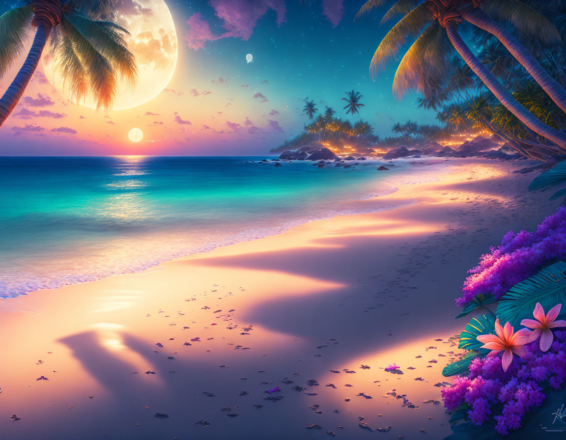 Tropical beach sunset with full moon, palm trees, purple flowers, and starry sky reflected on