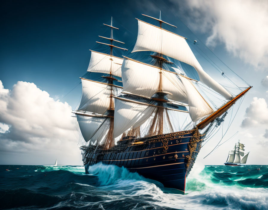 Majestic sailing ships on choppy ocean with dramatic sky