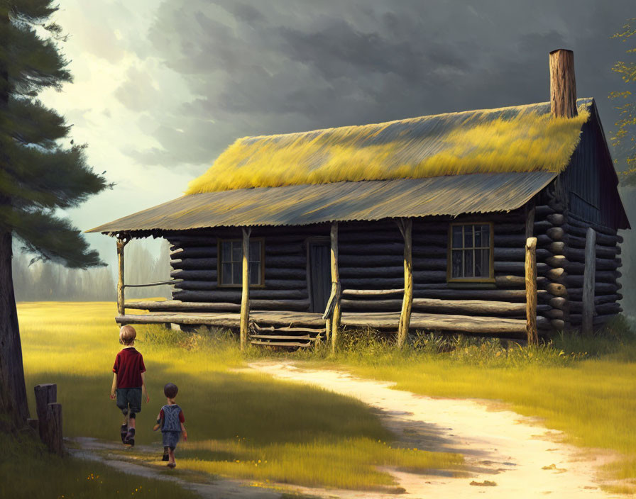Children walking to rustic log cabin at dusk in nature