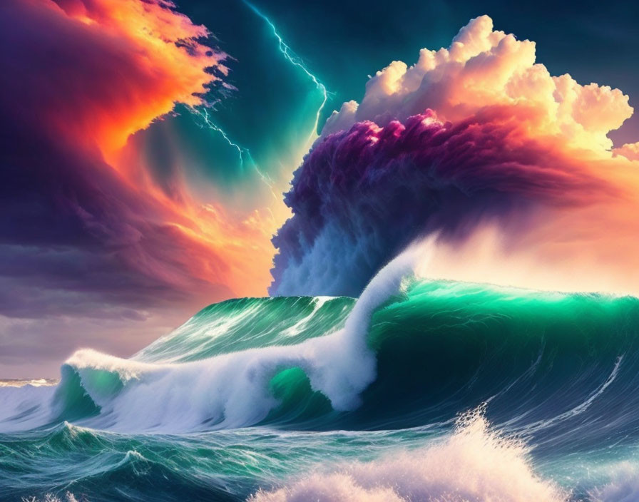 Vivid Digital Artwork: Turbulent Ocean, Giant Wave, Dramatic Sky