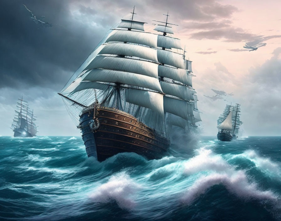 Tall ships with full sails in stormy seas with soaring birds