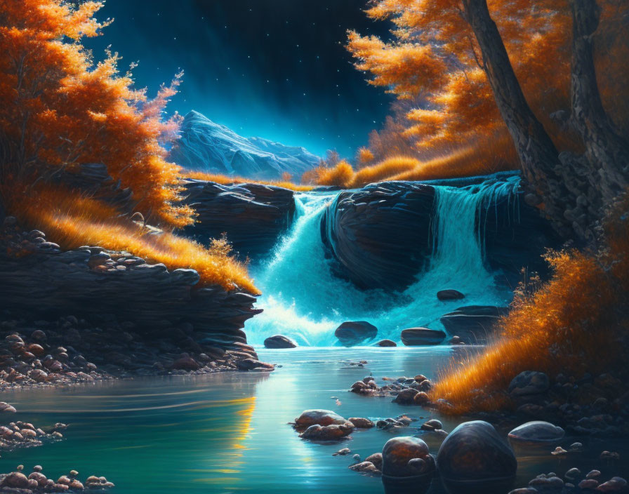 Ethereal blue waterfall in serene river under starry night sky