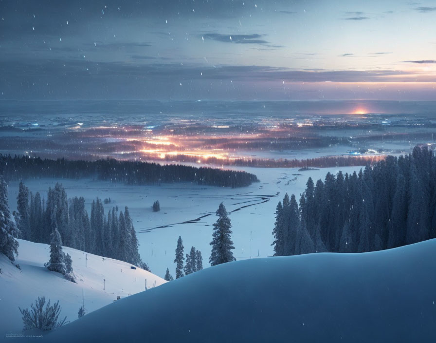 Snowy Dusk Scene: Valley Glow, Falling Snowflakes, Silhouetted Trees