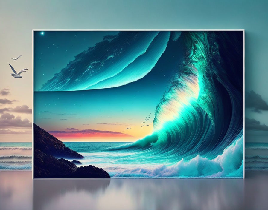 Digital artwork: Massive wave & sunset in monitor frame