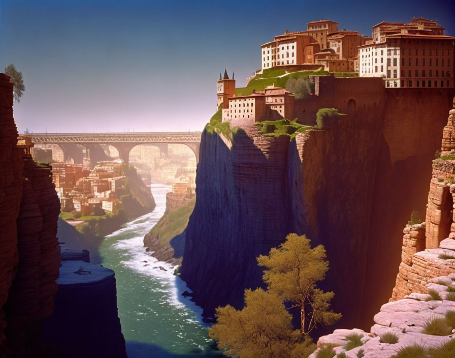 Historical cliffside town at sunset with river canyon view.