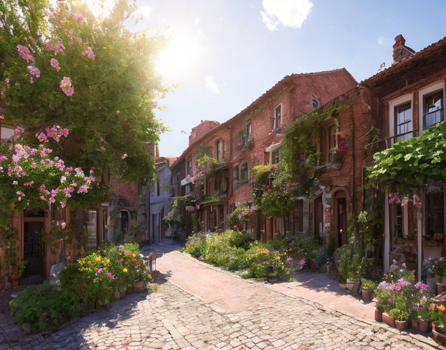 Charming Cobblestone Street with Brick Buildings and Greenery