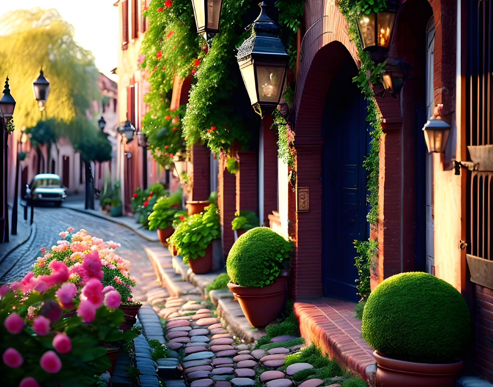 Cobblestone Street with Potted Plants and Arched Doorway at Dusk