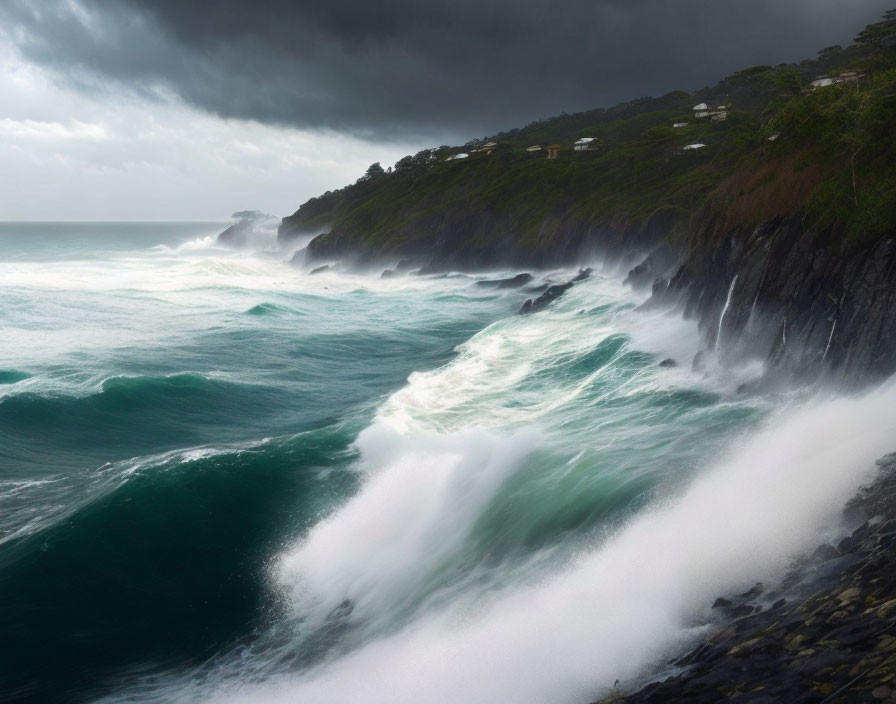 Stormy Sea with Crashing Waves and Rocky Coastline