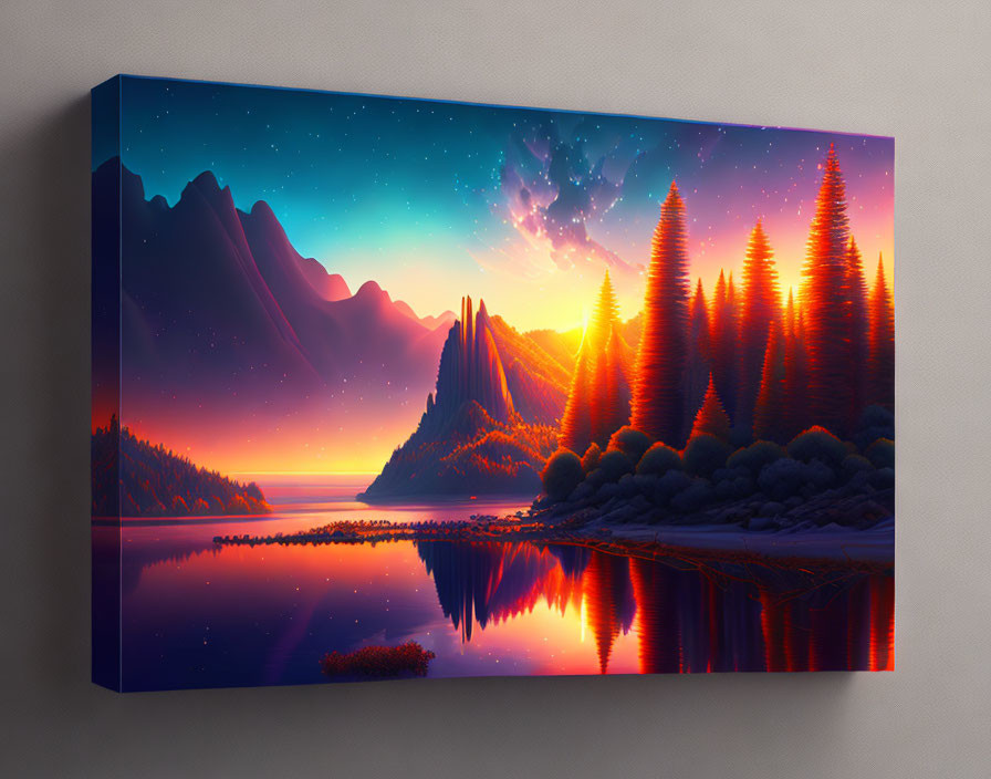 Surreal sunset canvas print with vibrant colors reflecting on tranquil lake