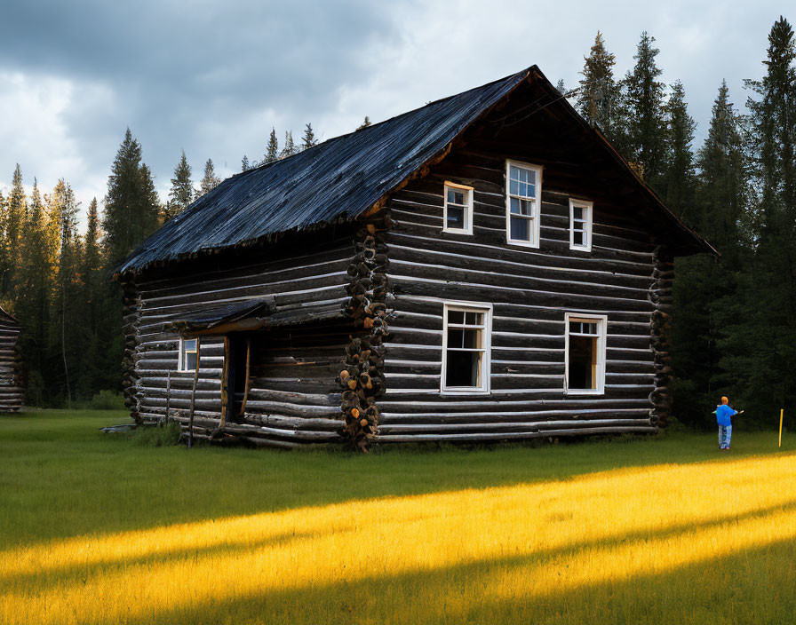 Rustic two-story log cabin in sunlit meadow with forest backdrop