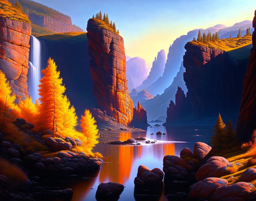 Digital artwork: Waterfall, cliffs, river, autumn trees, rocks under sunrise/sunset.