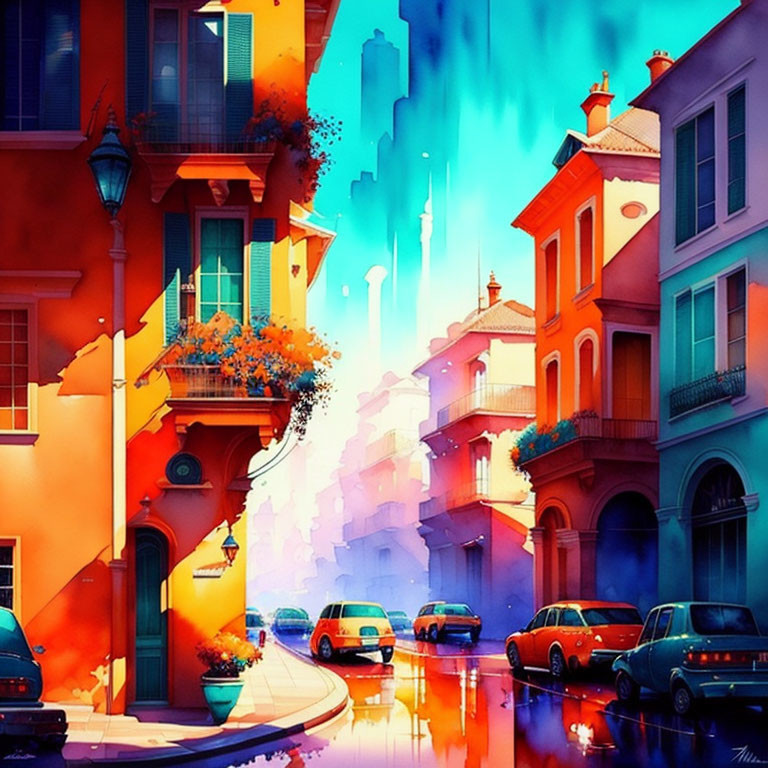 Vibrant orange and blue buildings on colorful street