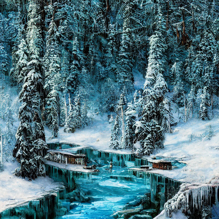 Snow-covered winter forest with frozen stream and wooden footbridges