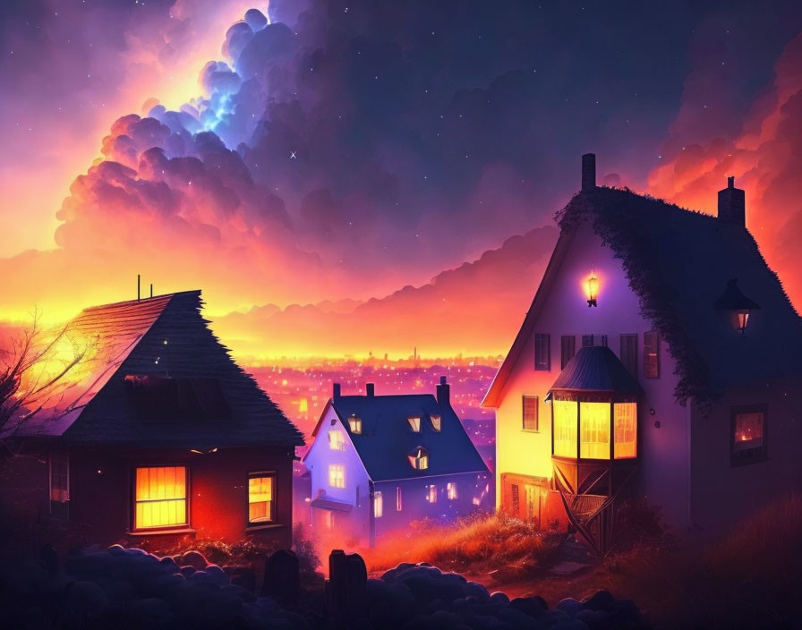 Village Homes with Lit Windows at Twilight and Starry Sky