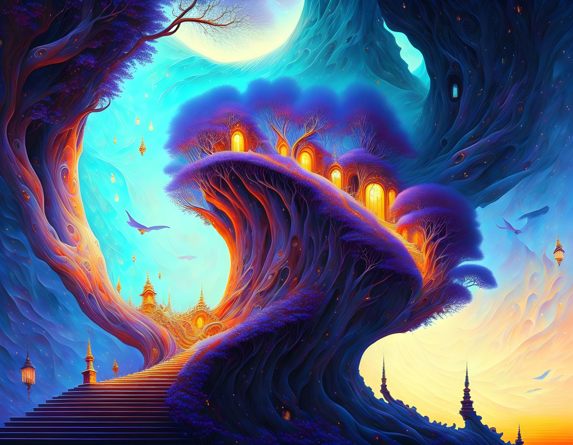 Fantasy landscape with glowing tree city, staircases, lanterns, and twilight sky