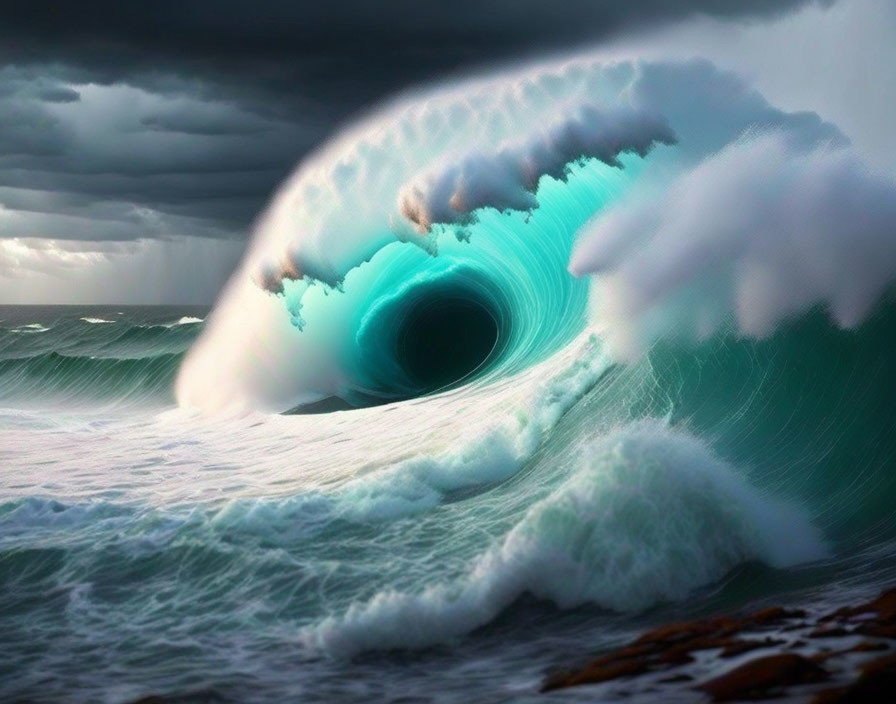 Surreal digitally manipulated image: Enormous wave with eye-like tunnel in stormy sky