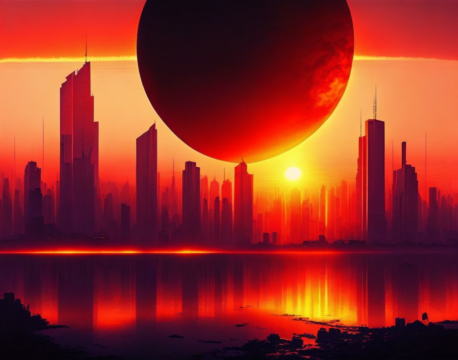 Futuristic city skyline with tall skyscrapers against red sky and looming planet