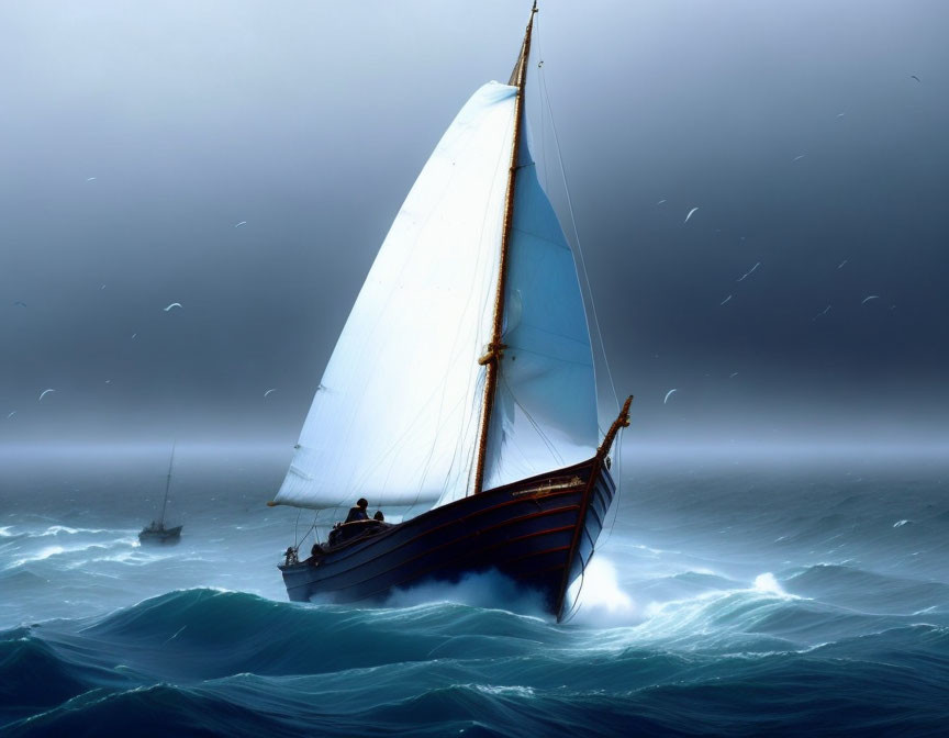 Sailboat with full white sail in stormy seas and brooding sky