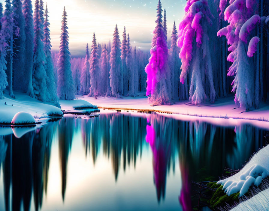 Snow-covered trees and river in serene winter twilight.