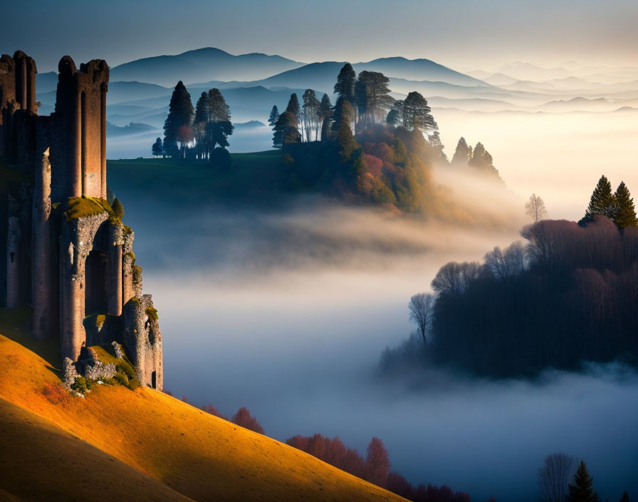 Misty sunrise landscape with ancient ruins on hill