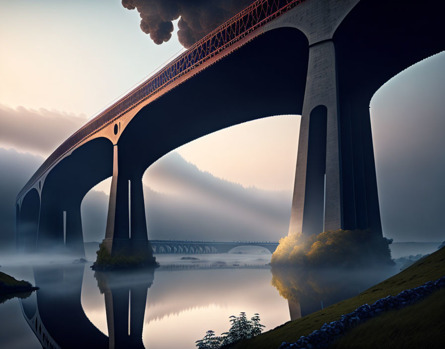 Majestic arch bridge over misty river at dawn or dusk