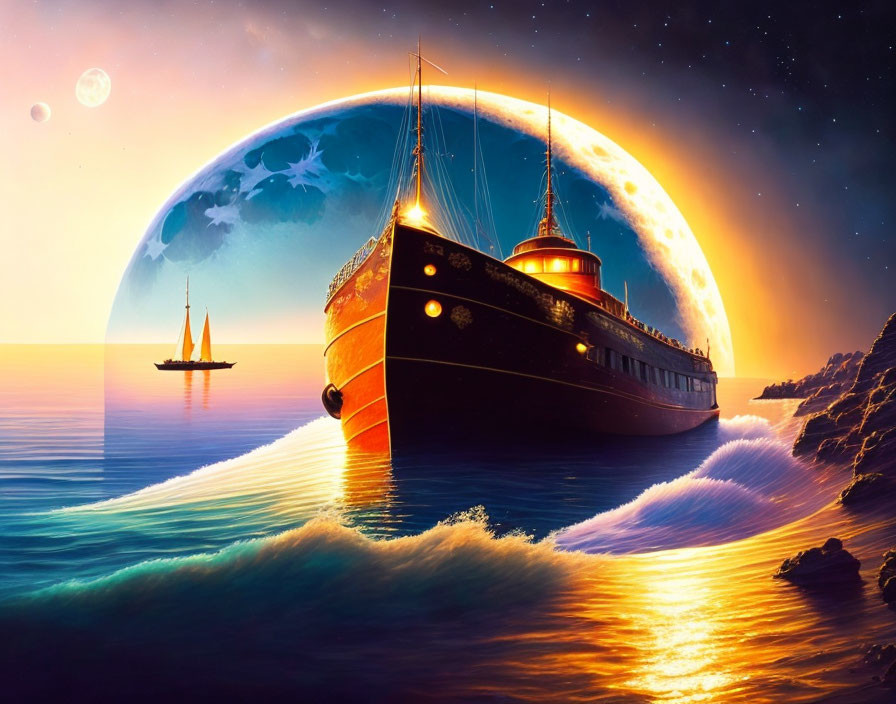 Fantasy seascape with ships, giant moon, orange sky, and luminescent waves.