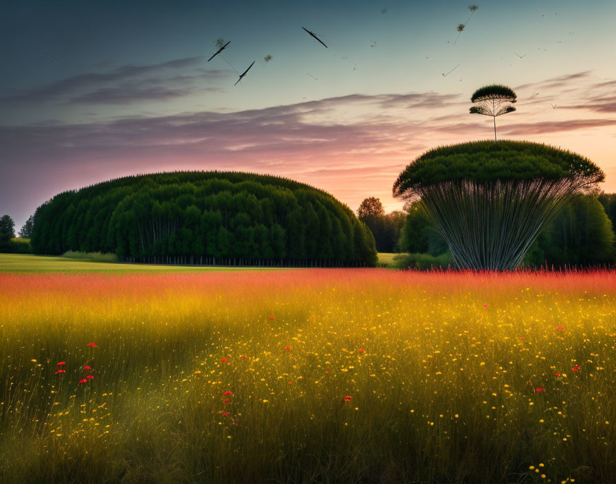 Vibrant surreal sunset landscape with colorful flowers, whimsical trees, and flying birds