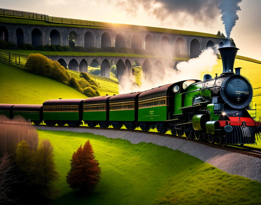 Vintage steam train crossing viaduct in green landscape with morning mist