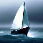 Sailboat with full white sail in stormy seas and brooding sky