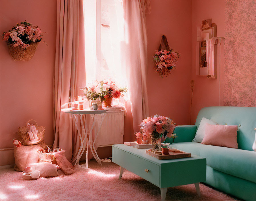 Pink Decor Elements and Mint Green Couch in Cozy Room