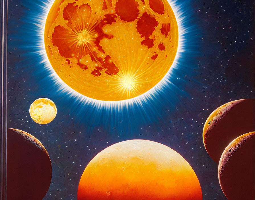 Colorful space illustration: glowing orange planet, celestial bodies, starry sky.