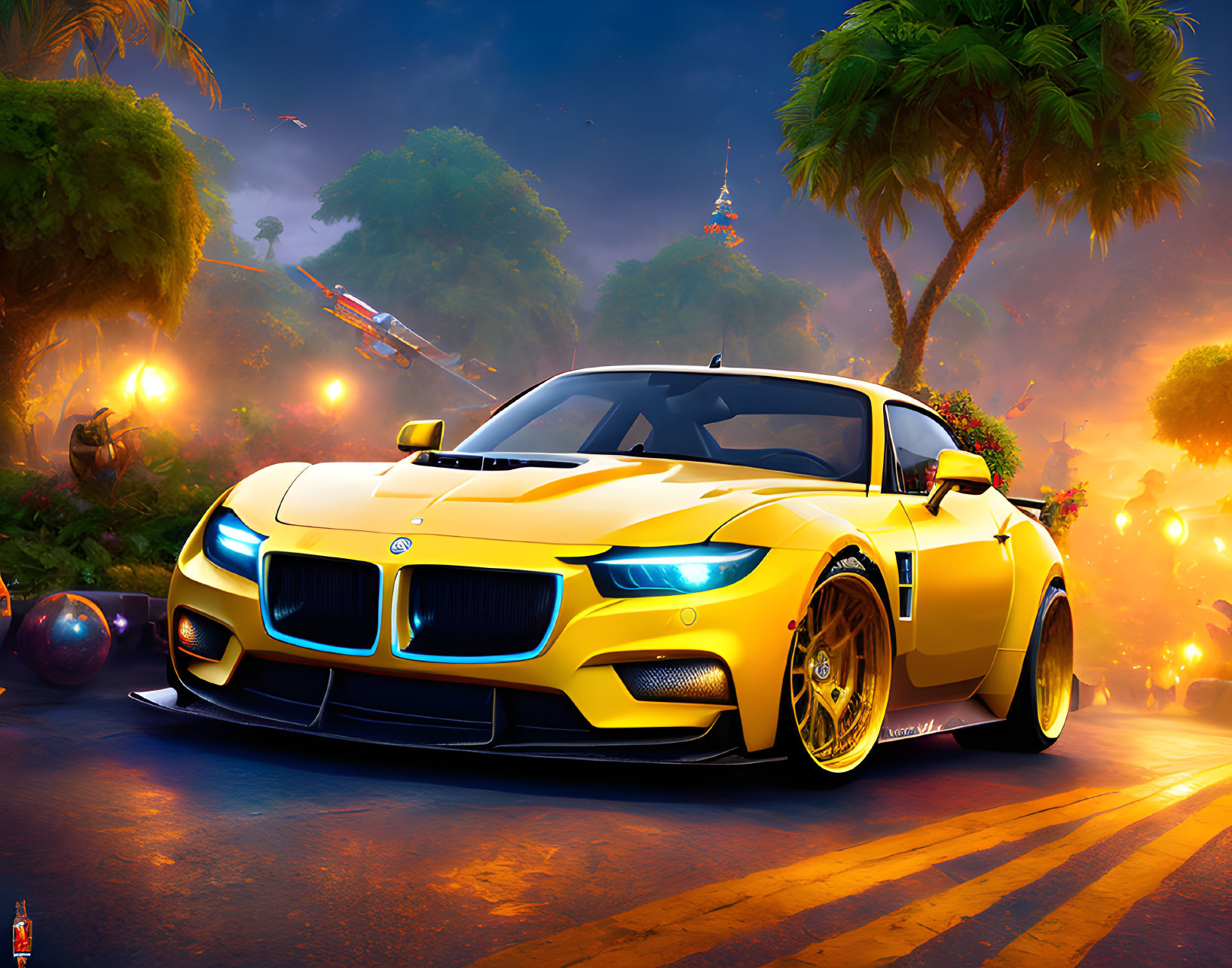 Yellow Sports Car with Gold Rims Speeding in Colorful Scene
