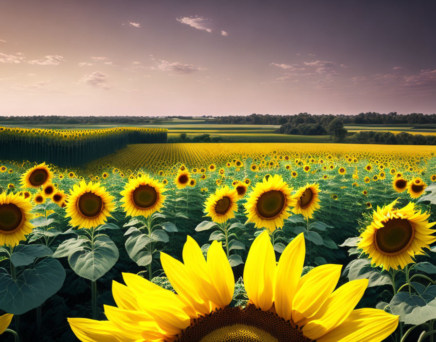 Sunflower Field and Sunset Sky with Trees Horizon