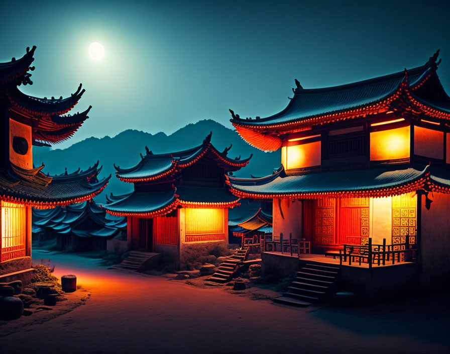 A 1966 Chinese village above the plain at night