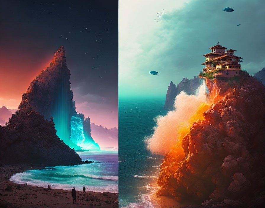 Fantasy landscapes: Neon-lit cavern & beach vs. cliffside temple & floating rocks