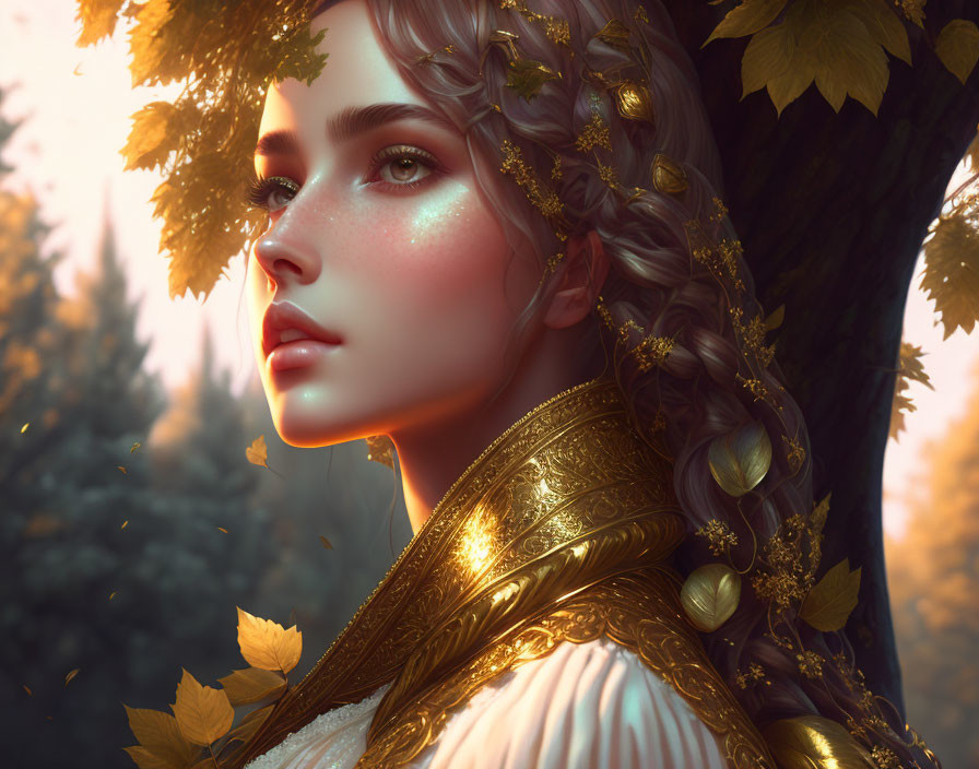 Digital portrait of young woman with braided hair and golden leaf adornments in warm sunset light.