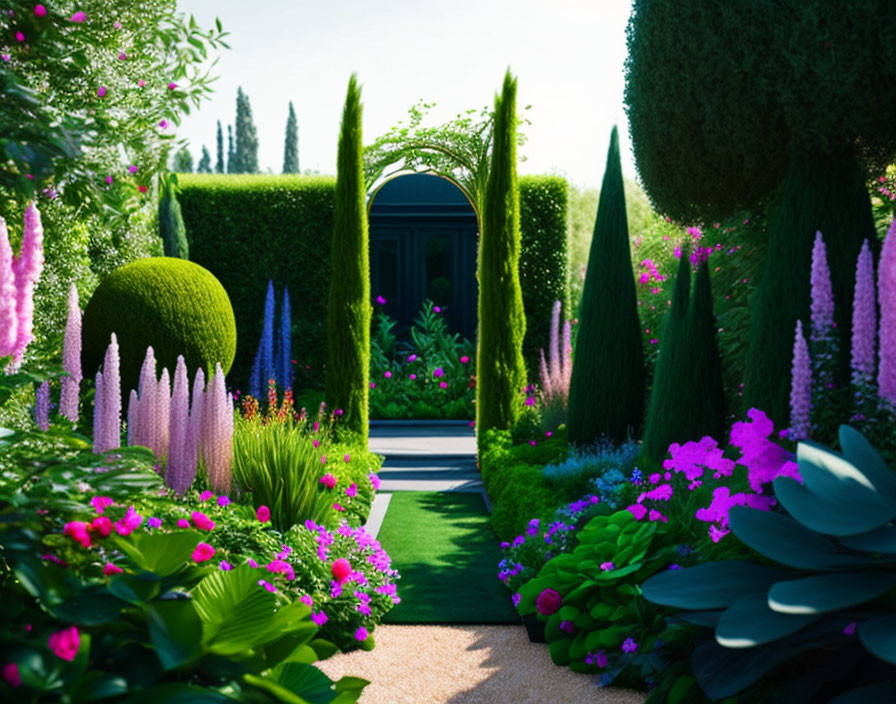 Tranquil garden path with pink and purple flowers and green hedges