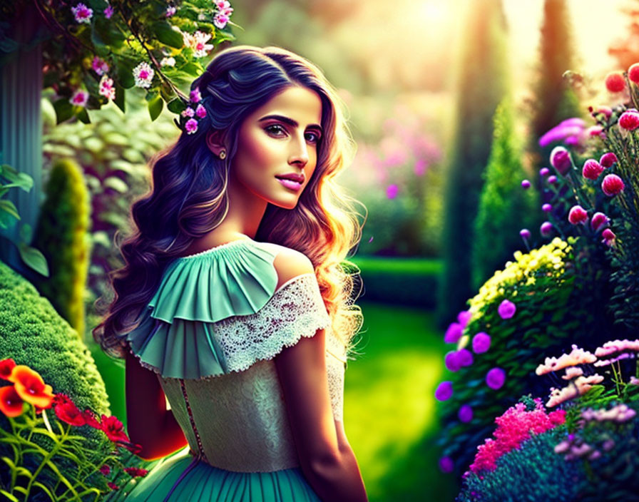 Woman in vintage dress with long wavy hair in lush garden scenery