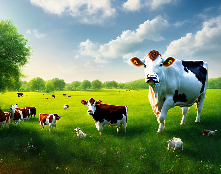 Cartoonish cows in vibrant meadow under blue sky