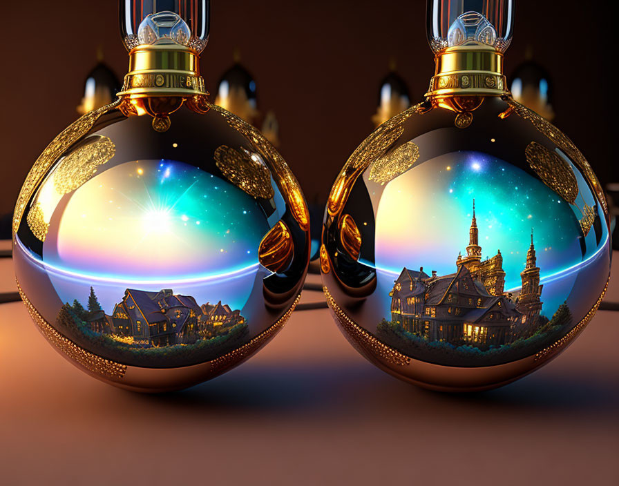 Ornate Christmas ornaments with winter village scene and starry sky.