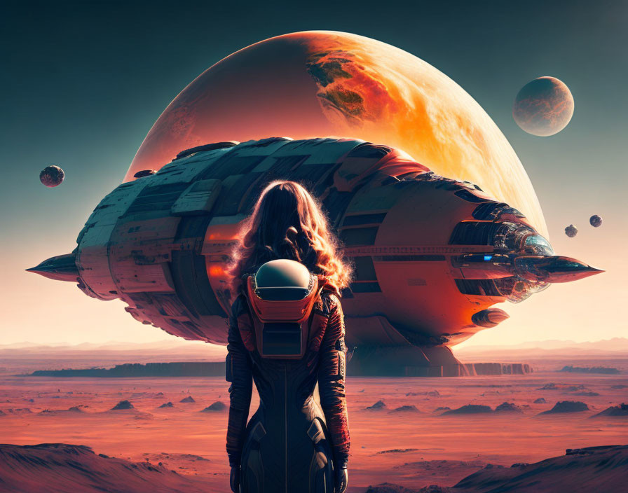 Person in spacesuit views alien landscape with planets and spaceships.
