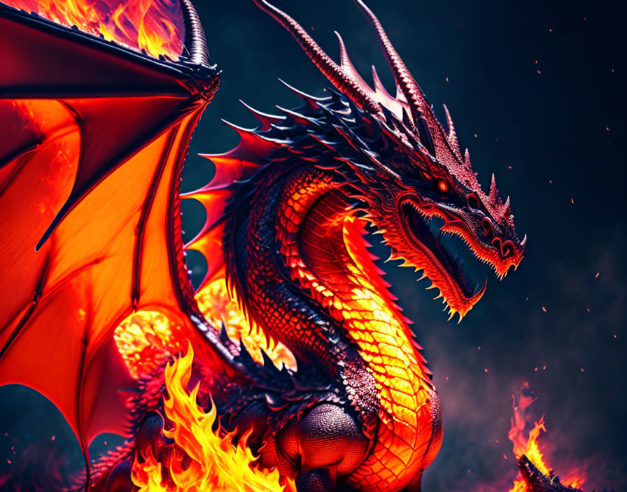 Intricate orange dragon with fiery wings in mystical red environment